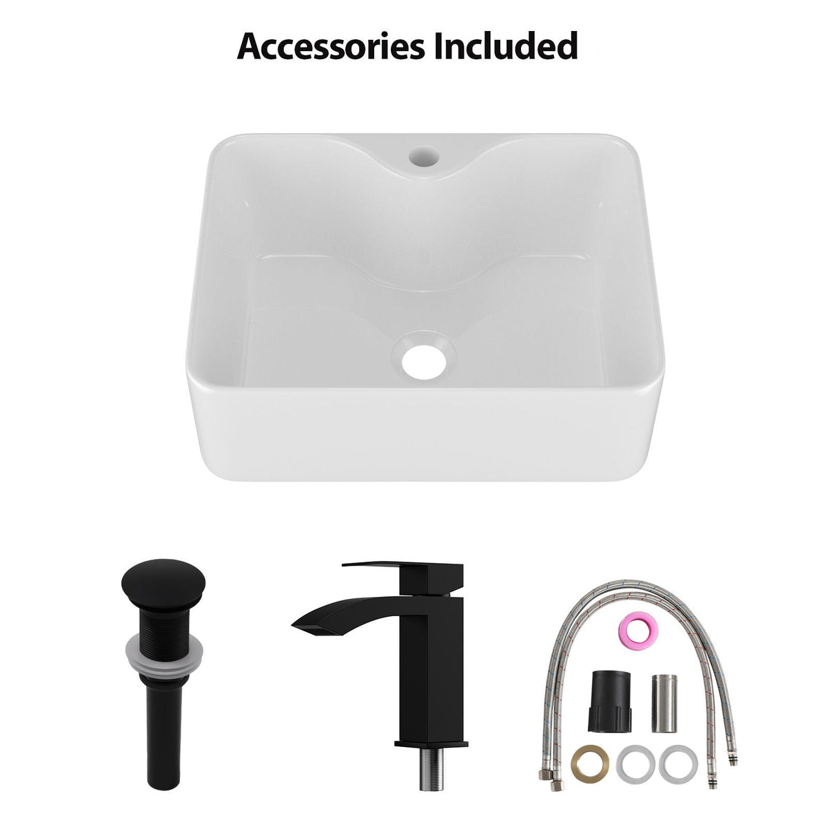 Rectangular Vessel Sink with Faucet & Drain - White/Black