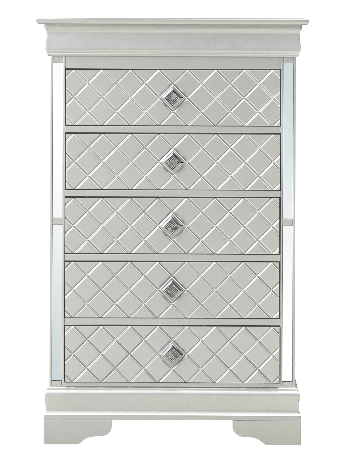 Embossed X Design Accent Chest with Crystal Pulls - Gray, Black, or Pearl Silver