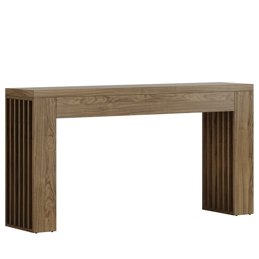 Rustic Brown Console Table with Vertical Slat Legs - Solid Wood & MDF