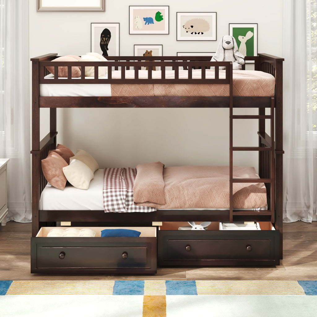 Convertible Bunk Bed With Drawers - Solid Wood with Storage - White, Dark Brown or Dark Gray