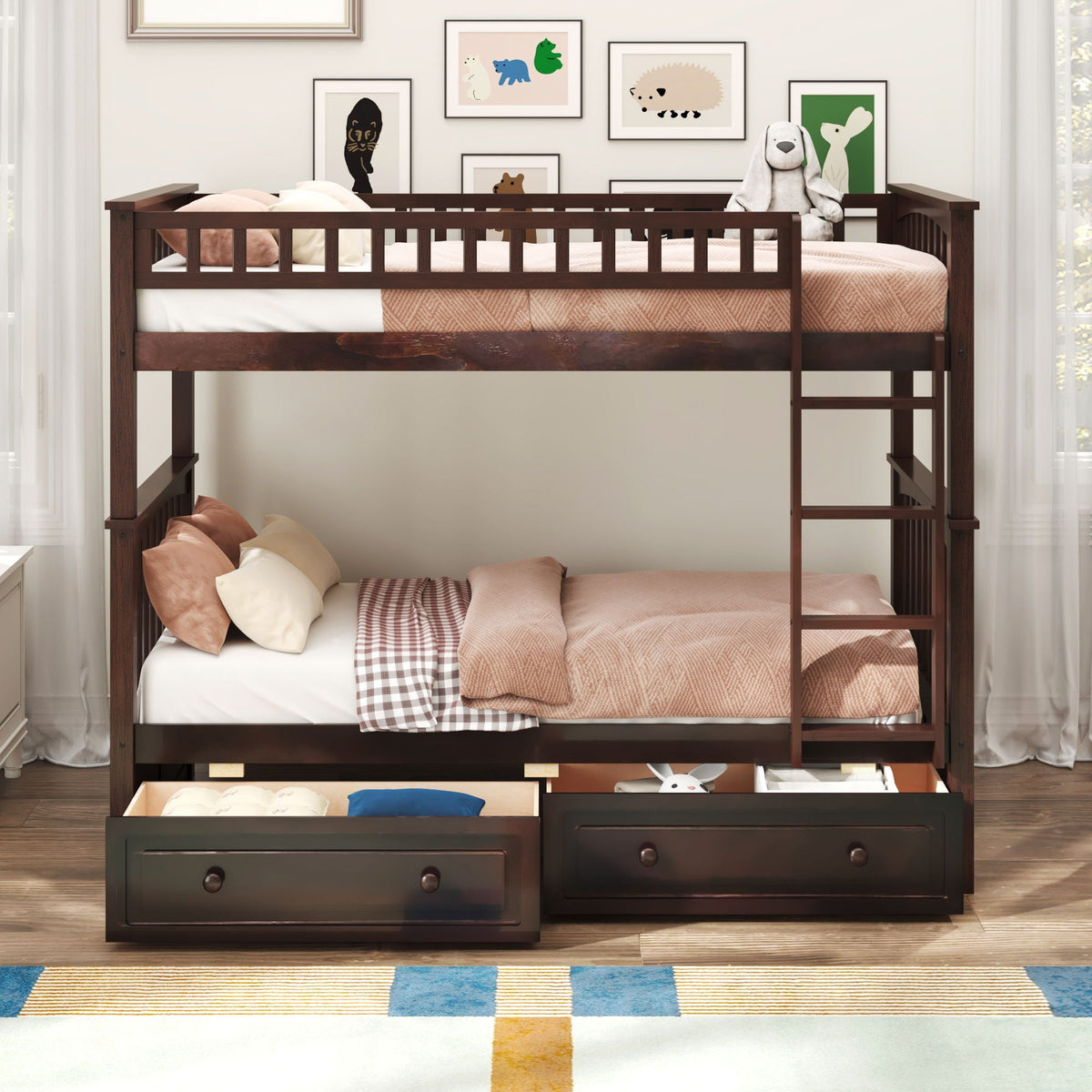 Convertible Bunk Bed With Drawers - Solid Wood with Storage - White, Dark Brown or Dark Gray