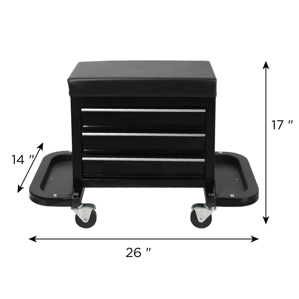 3-Drawer Tool Chest Rolling Mechanic Seat with Tool Trays - Steel