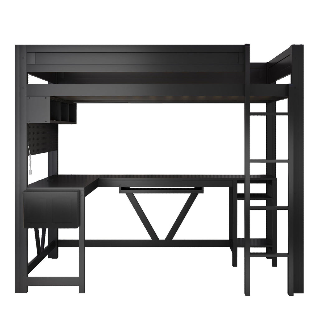 Gaming Loft Bed With Desk, Storage Shelves, LED and Charging Station - Full