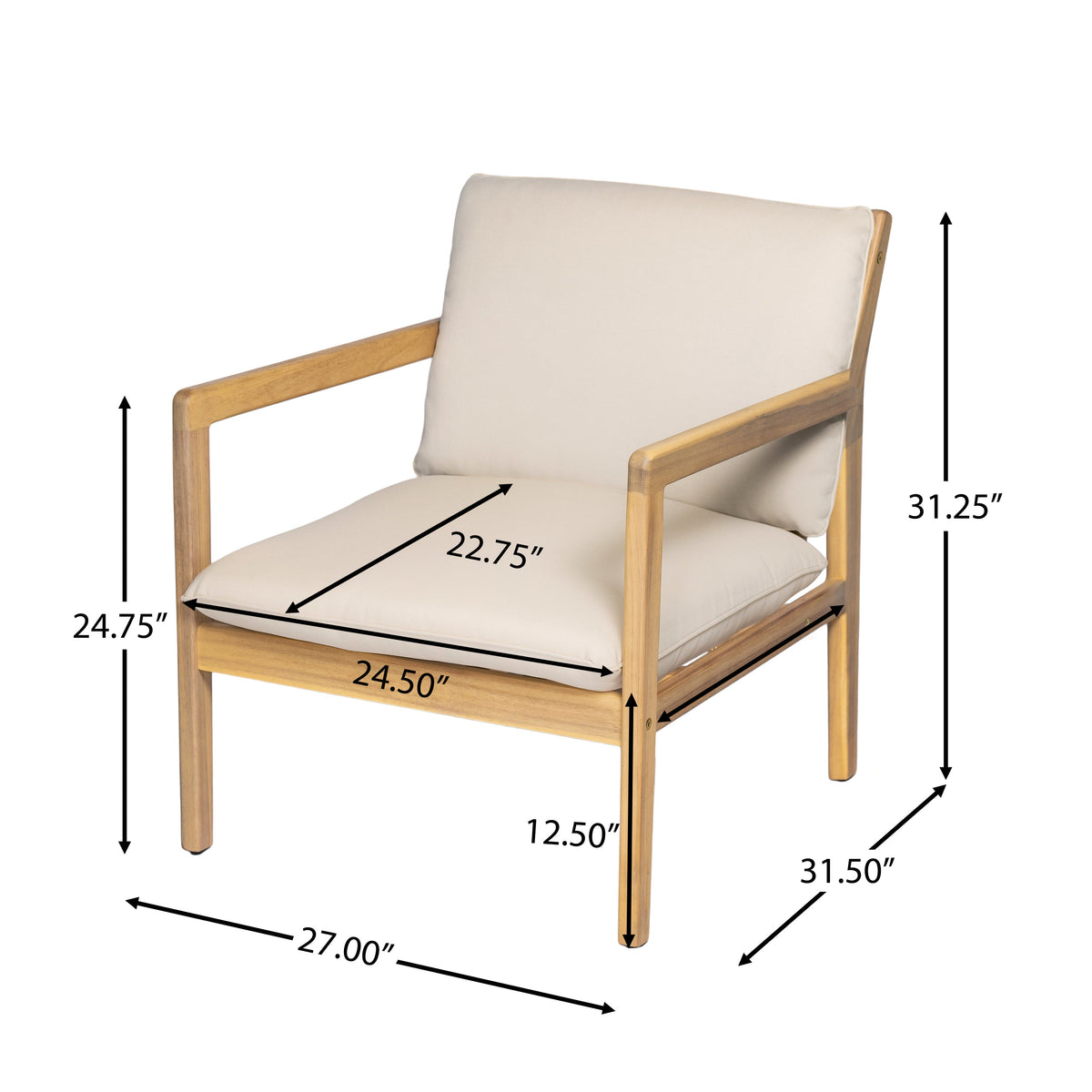 Outdoor Acacia Wood Armchair Set of 2 with Cushions - Light Teak