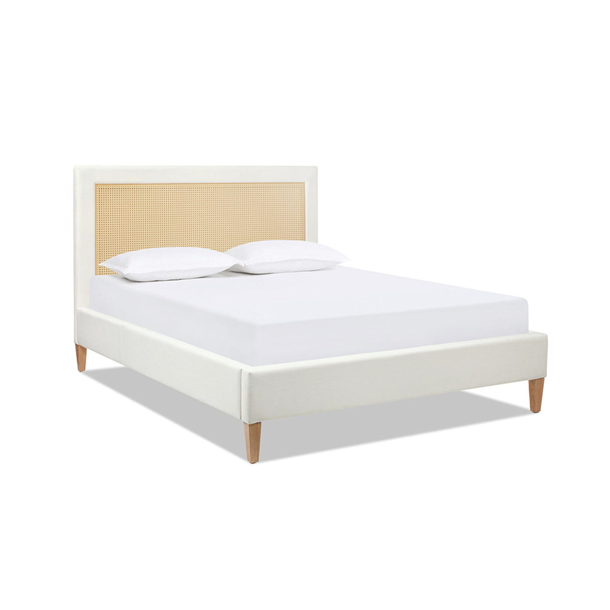 Upholstered Cane Back Platform Bed with Resin Wicker - White