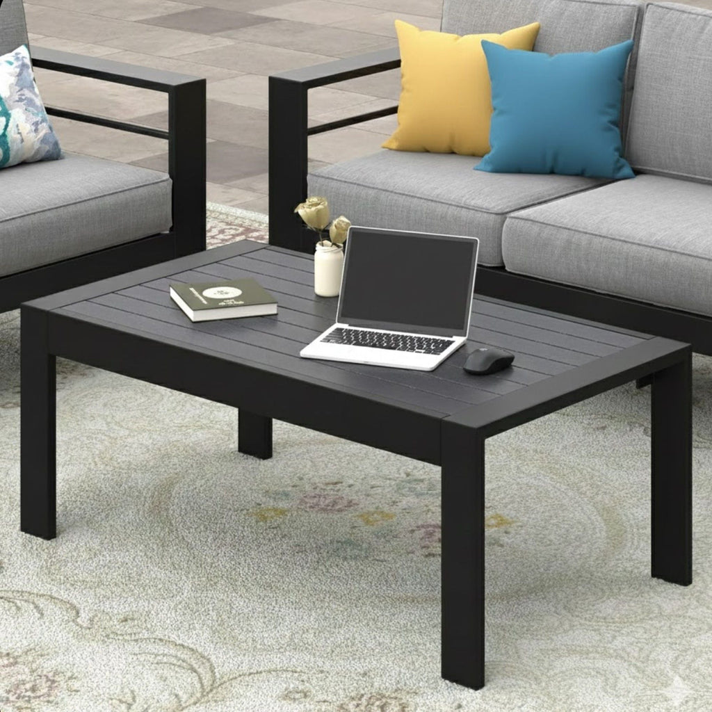 Modern Rectangle Outdoor Coffee Table with Slatted WPC Top - Dark Gray, White, Black