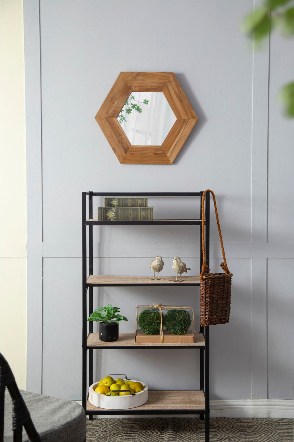 Hexagon Accent Mirror with Solid Teak Wood Frame - Light Brown, Dark Brown, Black