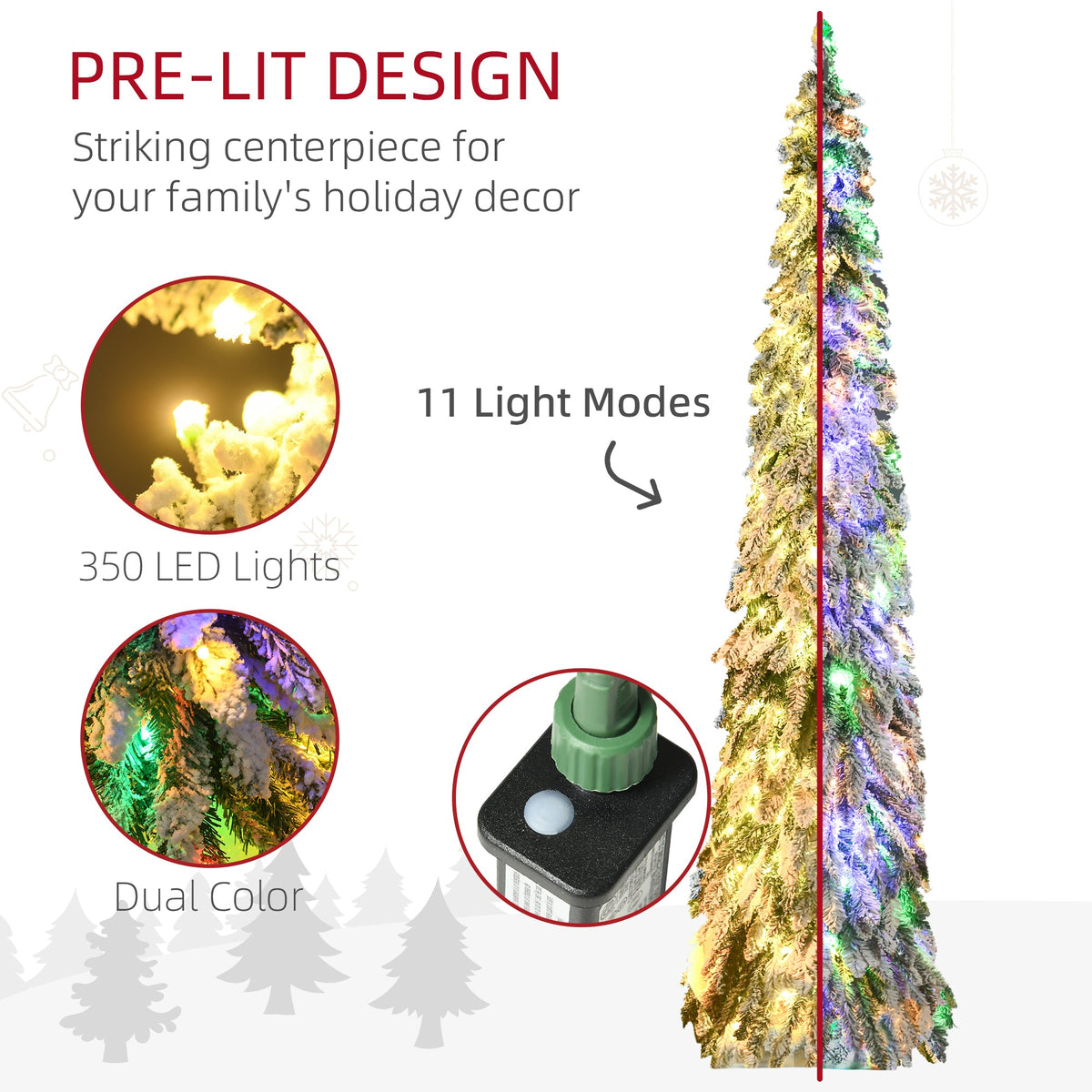 7ft Prelit Pencil Artificial Christmas Tree with 350 LED Lights - Snow Flocked