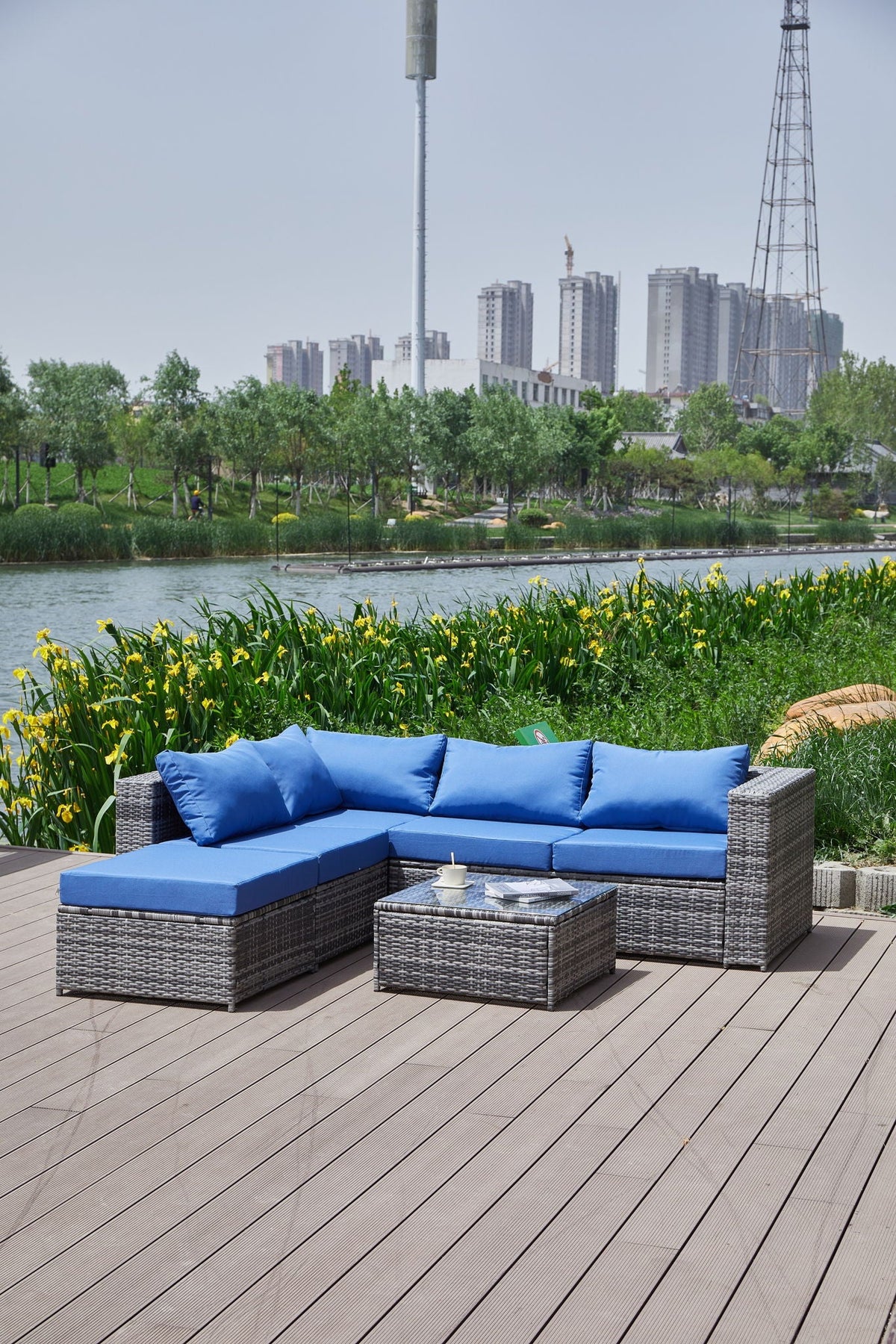 Dark Gray Patio Sofa With Cushions and Table - All-Weather Wicker