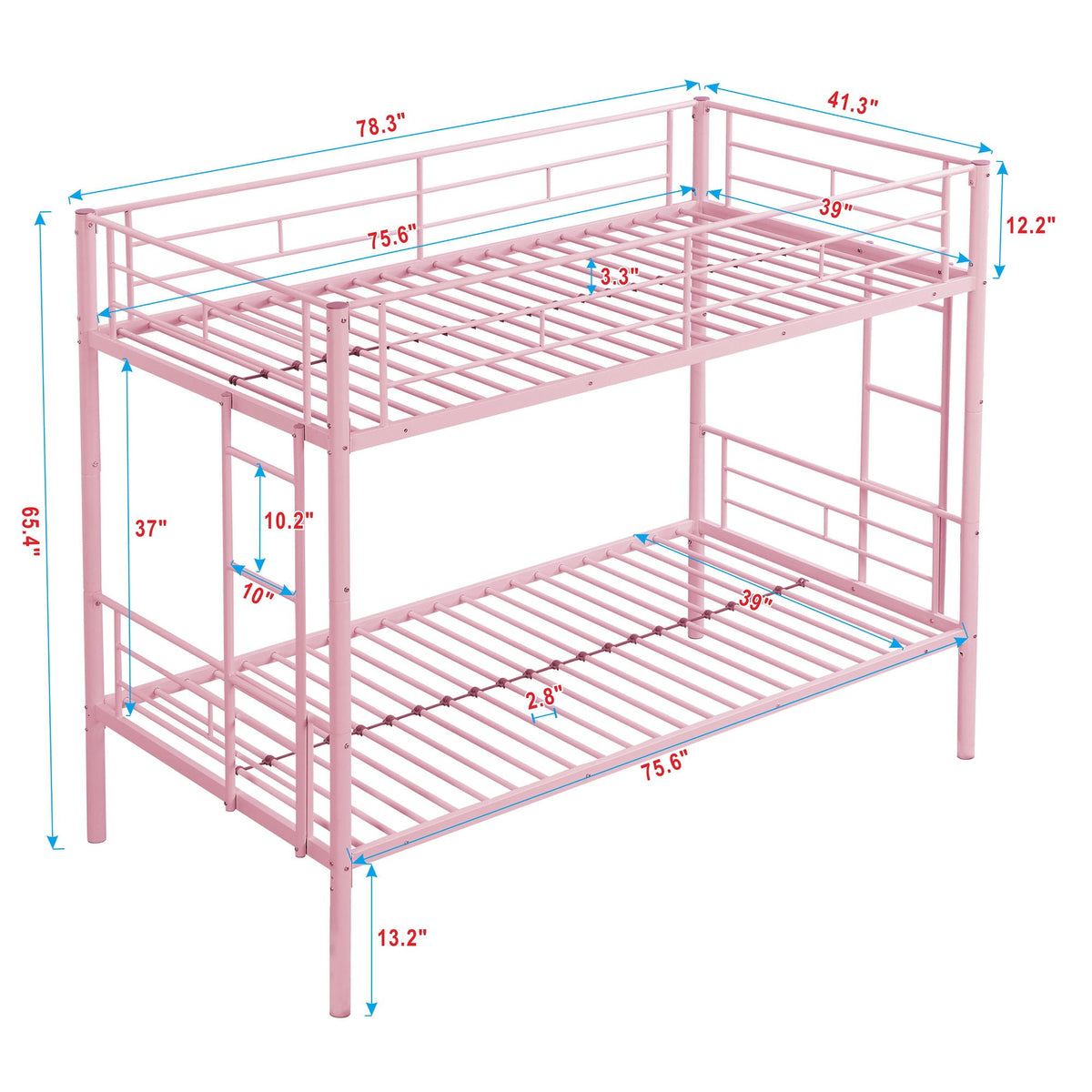 Twin Over Twin Bunk Bed with Trundle - Sturdy Metal Frame - Pearl Silver, White, or Pink