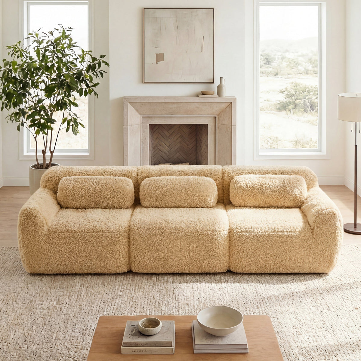 114'' Soft And Fluffy Modular Sectional Sofa with Plush Fabric - Neutral