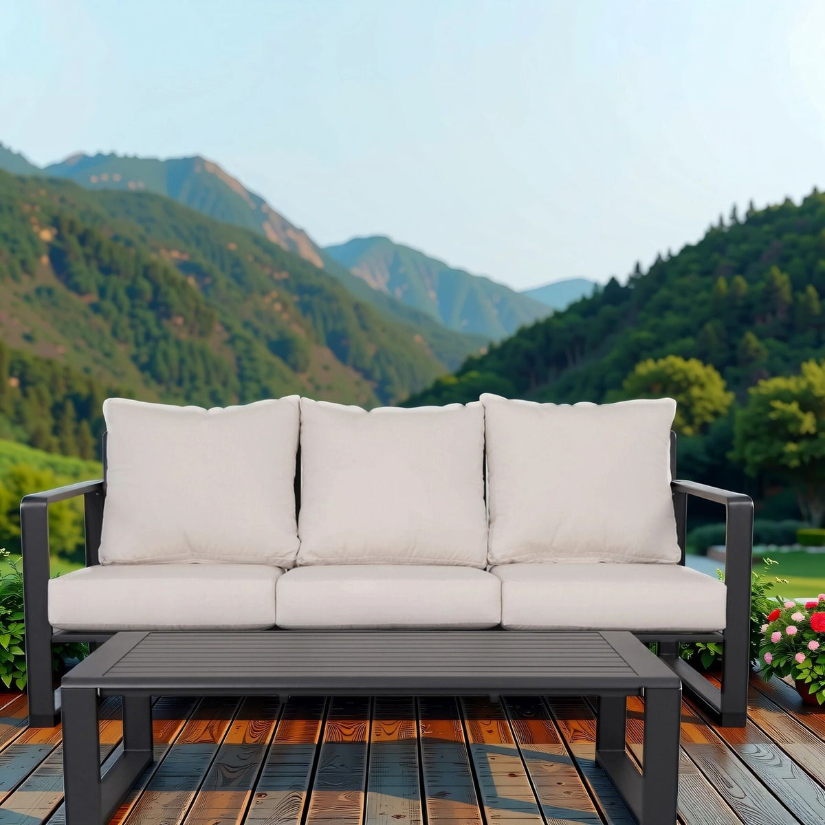 Outdoor Sofa Set with Rectangular Coffee Table - Aluminum Frame - Gray or Beige