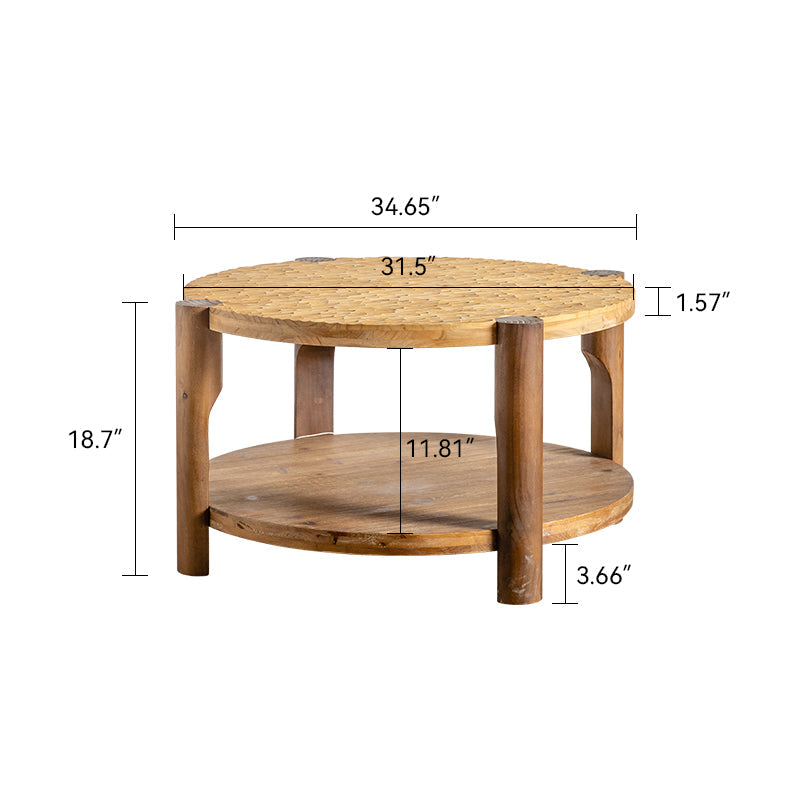 Round Coffee Table with Solid Wood Base and 2-Tier Storage - Natural