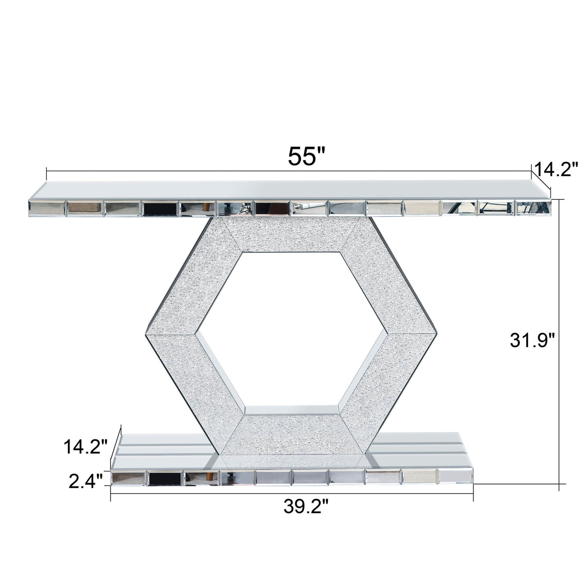 Sparkling Crystal Hexagon Console Table with Diamond Glass Effects - Silver