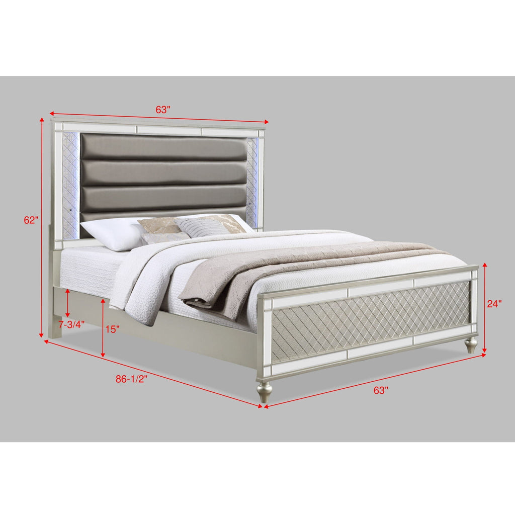 Modern Panel Bed with Tufted Design and LED Lighting - Pearl Silver