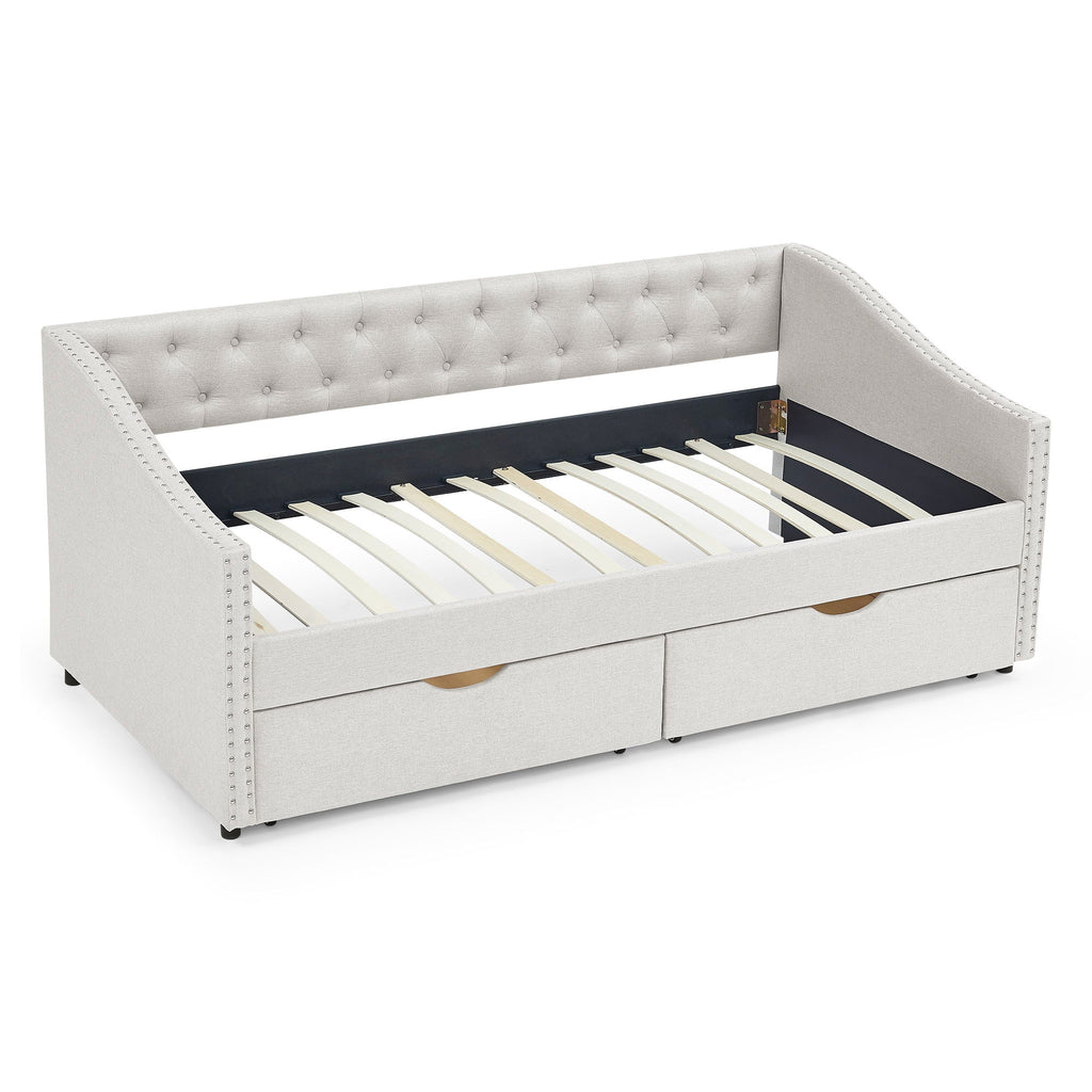 Upholstered Tufted Daybed with 2 Drawers and Waved Arms - Multiple Colors