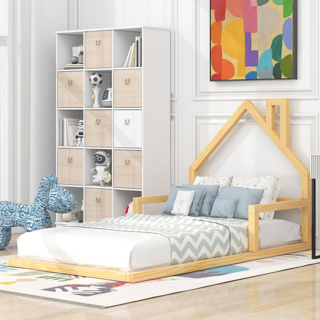 Floor Bed With House Shaped Headboard - Twin Size, Solid Pine - White or Light Brown