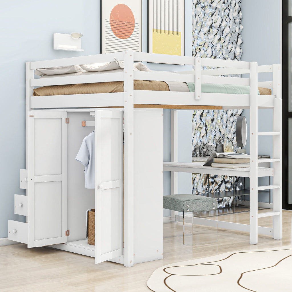 Full Size Loft Bed with Built-In Wardrobe, Shelves, and Drawers - White or Dark Gray