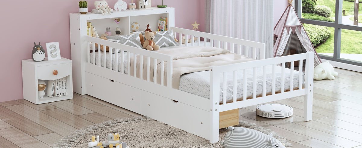 Twin Storage Bed with Headboard Rack & Under-Bed Drawers - Multiple Colors