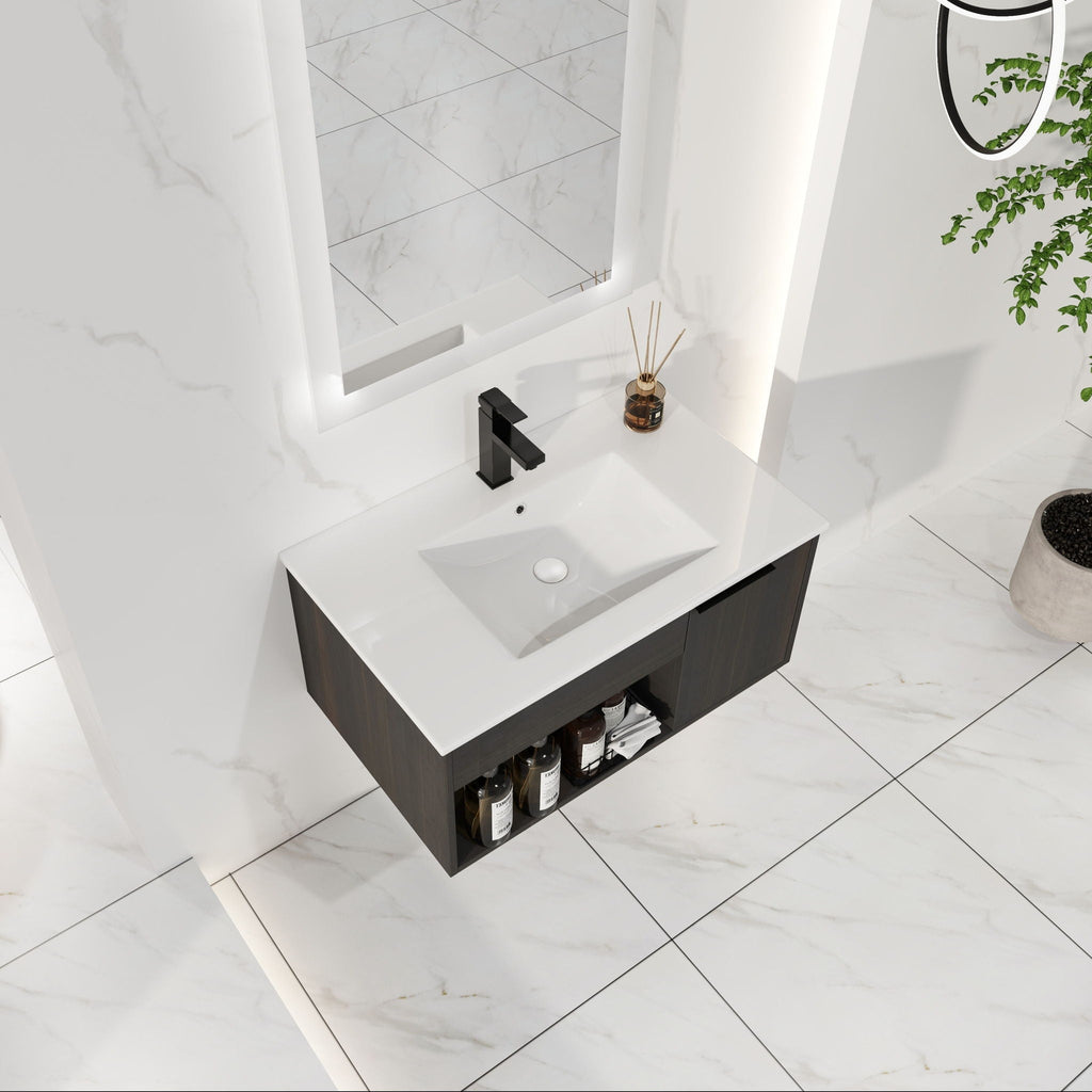 Wall Mounted Floating Bathroom Vanity with Open Shelf & Soft Close Door - Dark Brown