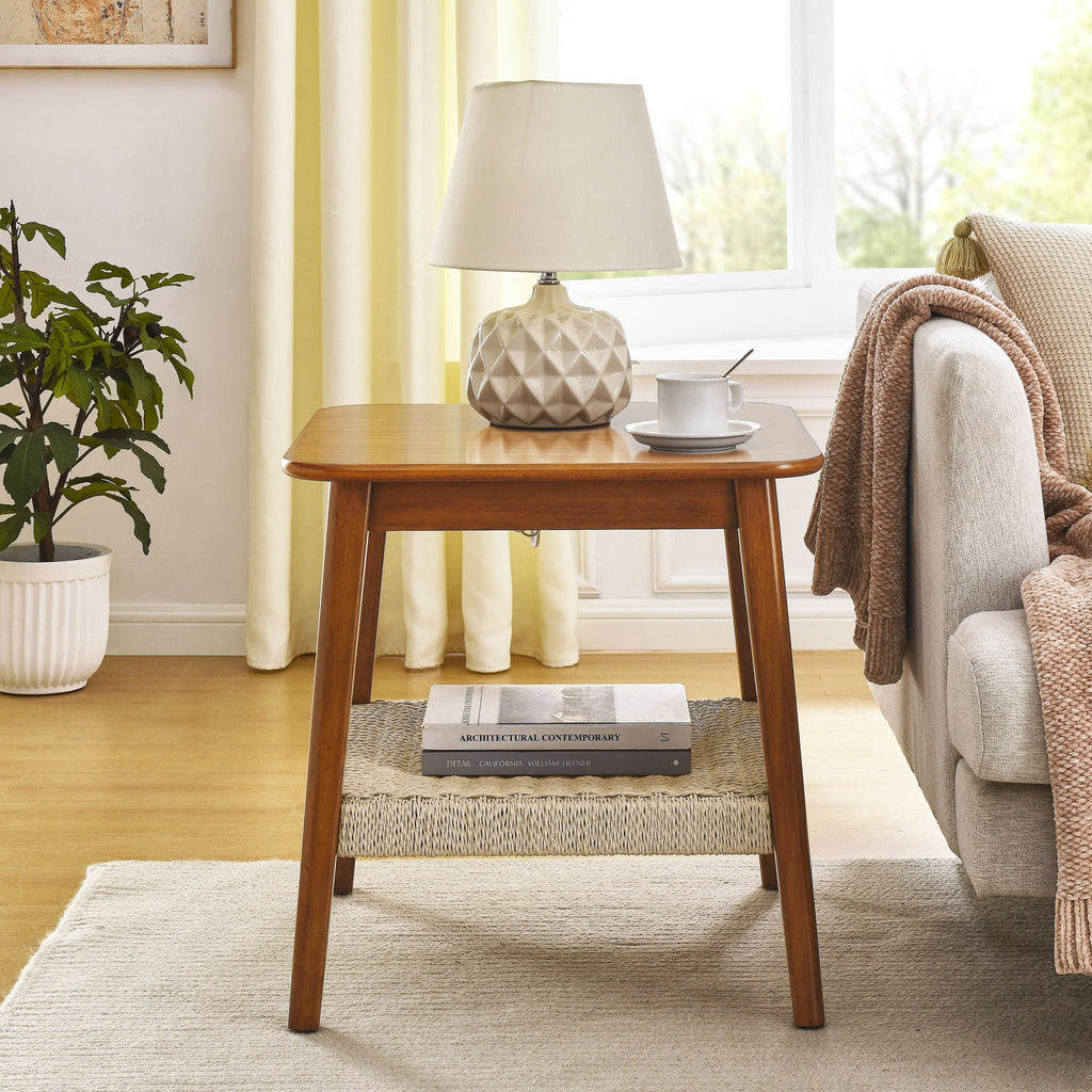 Mid-Century Square Side Table with Woven Shelf - Walnut