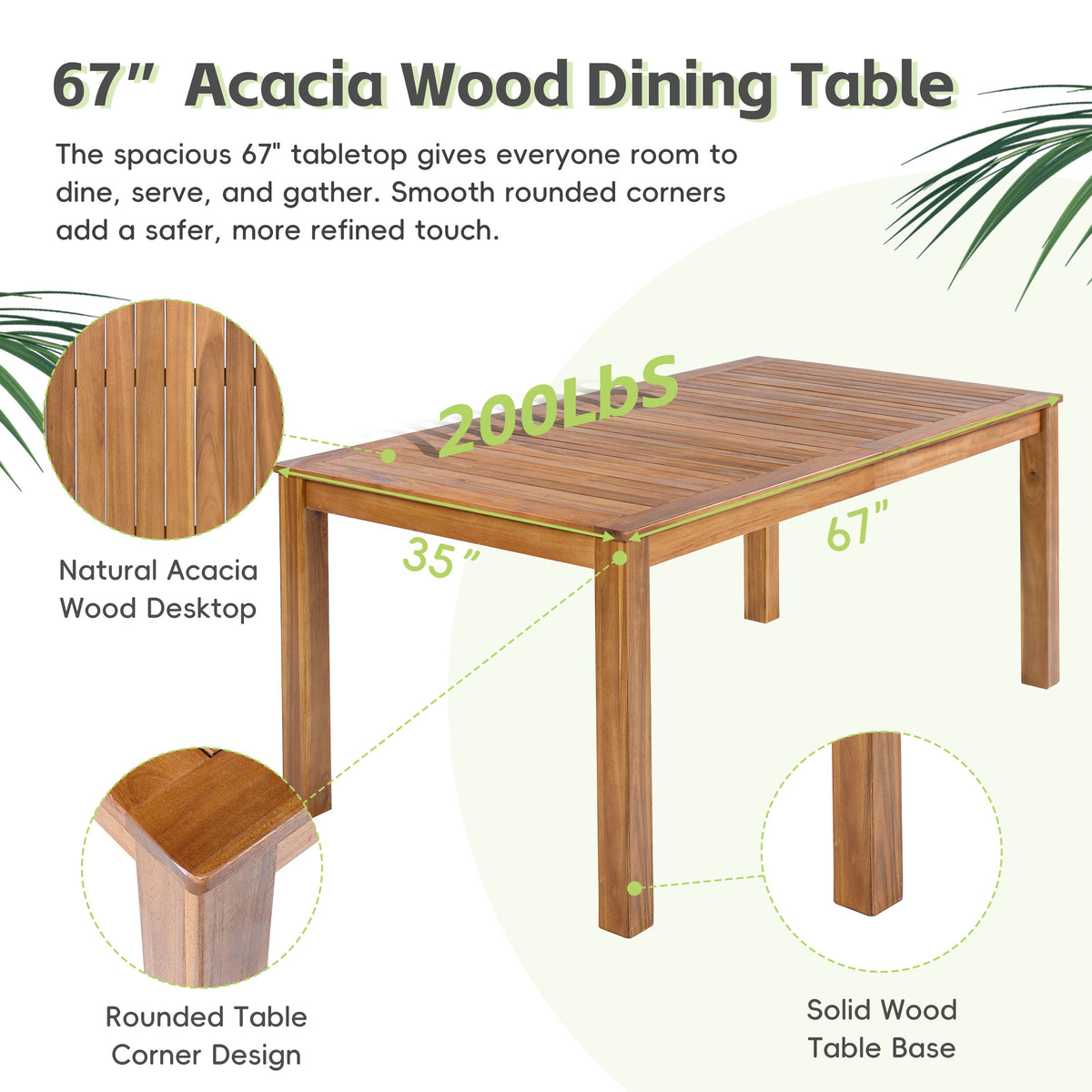 Acacia Wood Patio Dining Table with Slatted Top - 67" Rectangular