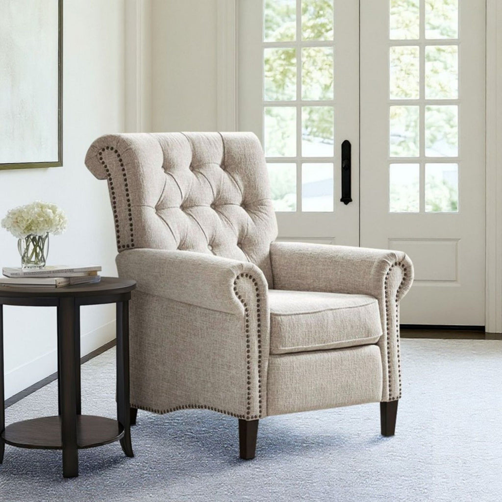 Cream Push Back Recliner Chair with Tufted Back and Nailhead Trim