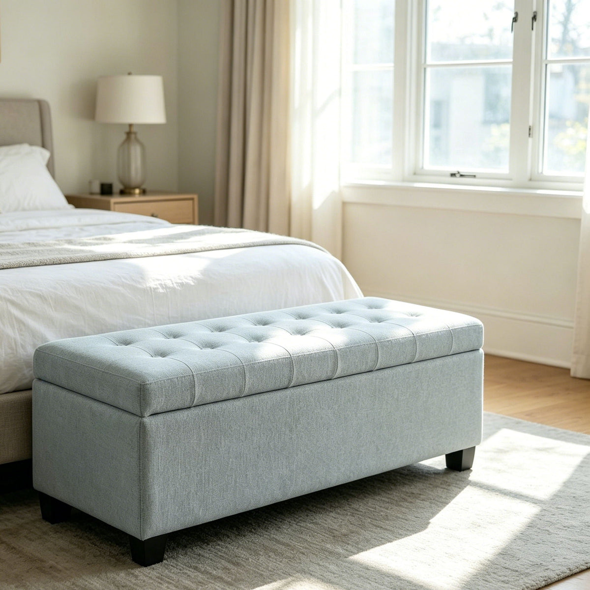 Elegant Tufted Storage Ottoman Bench with Hidden Storage - Dark Brown or Light Blue