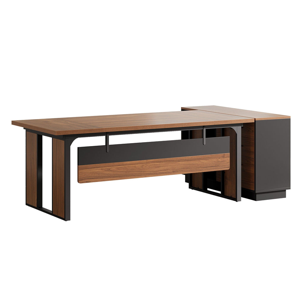 L-Shaped Executive Desk with File Cabinet - Brown / Black
