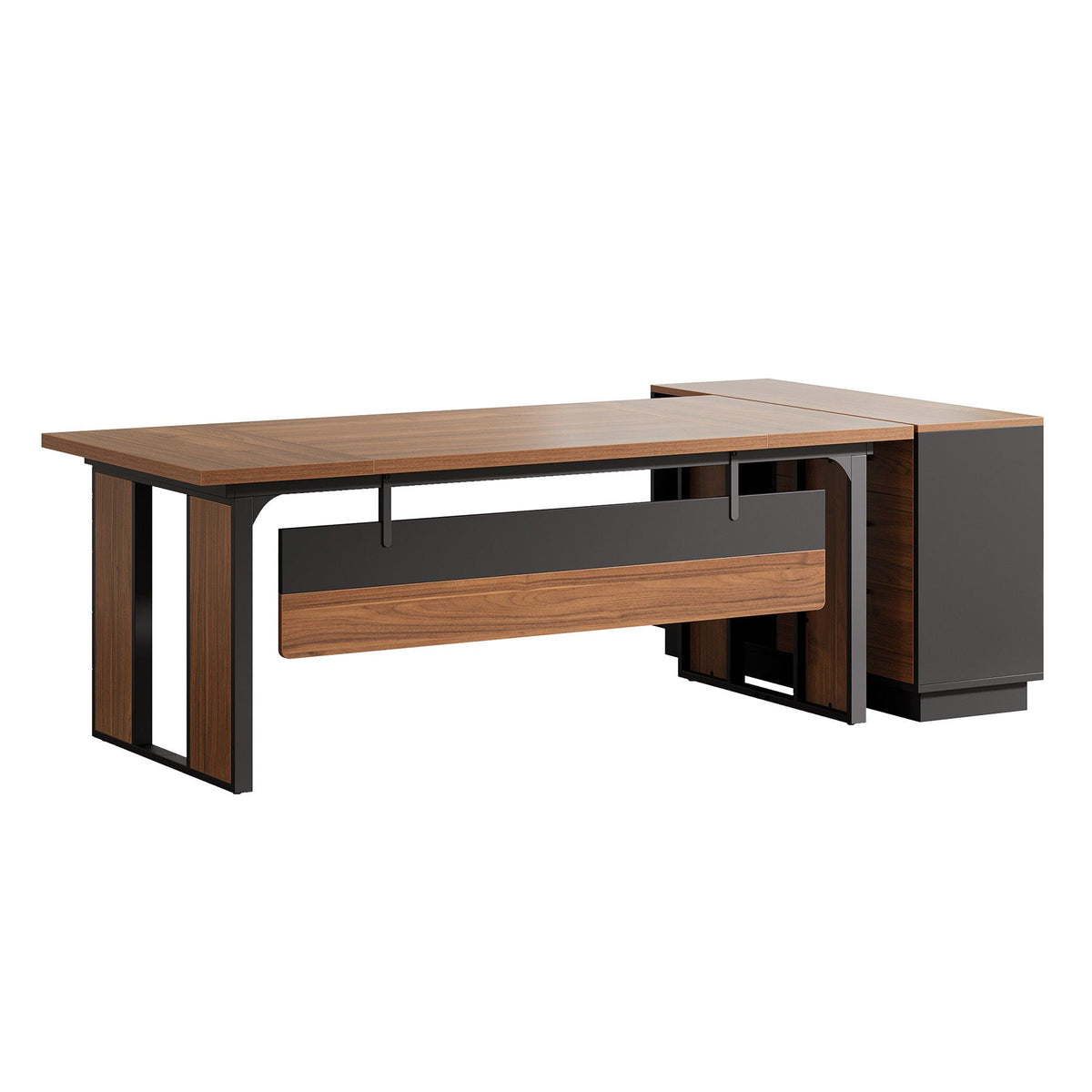 L-Shaped Executive Desk with File Cabinet - Brown / Black