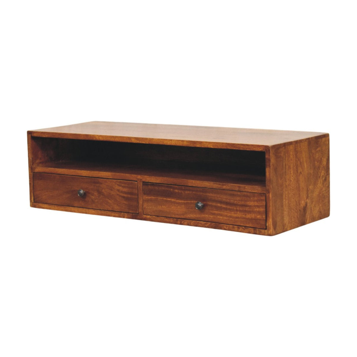 Solid Wood Lunar Wall-Mounted Media Unit with 2 Drawers - Chestnut