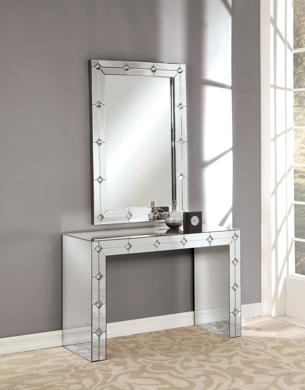 Hessa Mirrored & Faux Rhinestone Console Table with Sled Base – Silver