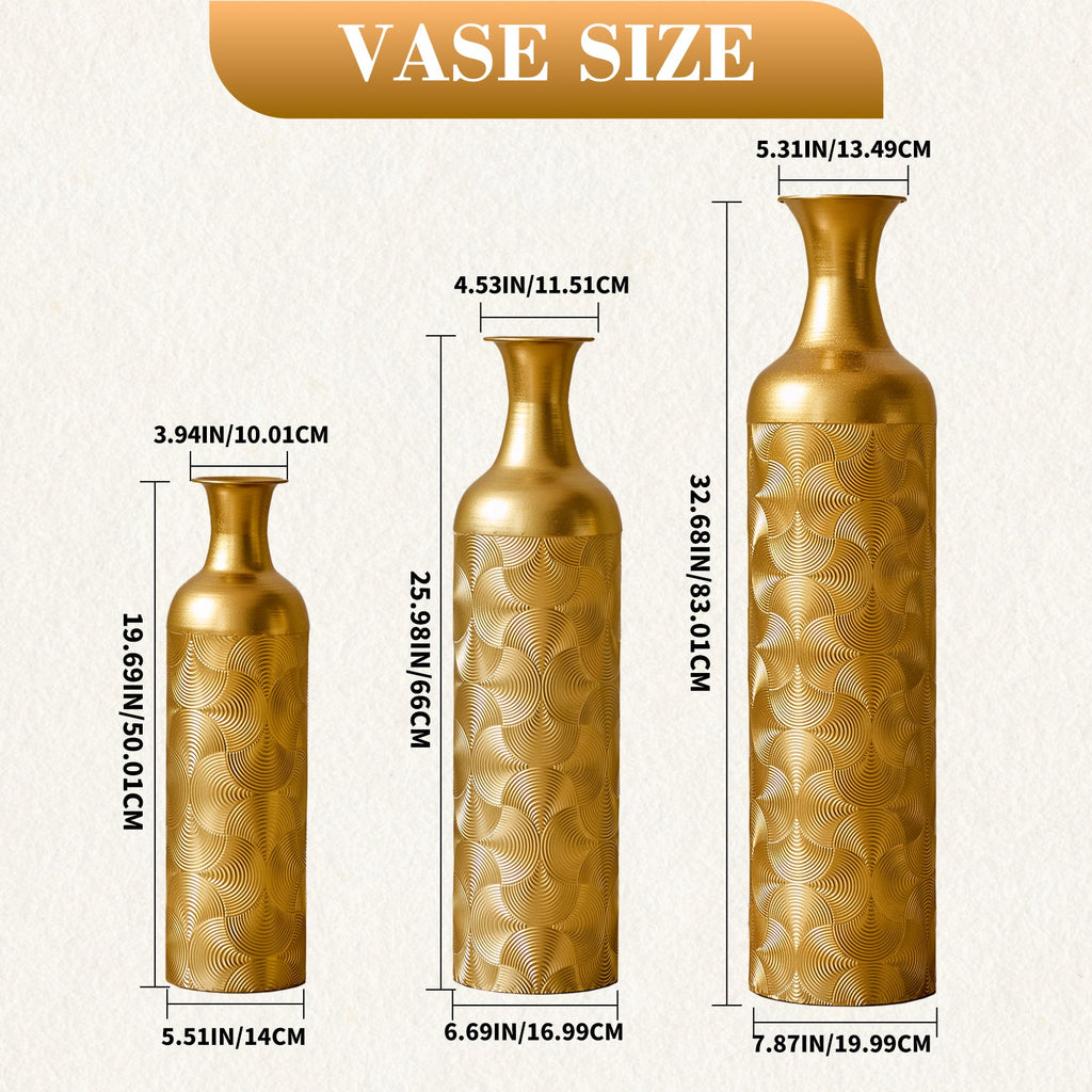 Semi-Handcrafted Metal Vase Set with Embossed Texture - Gold
