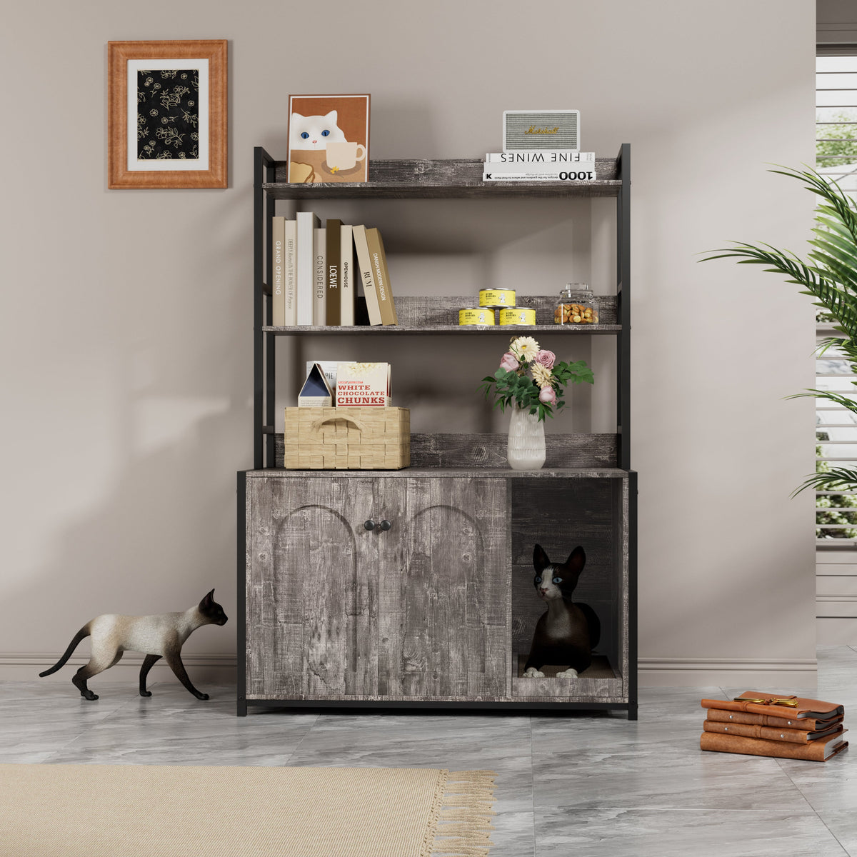 Large Cat Litter Box Enclosure with Shelf Storage - Grey