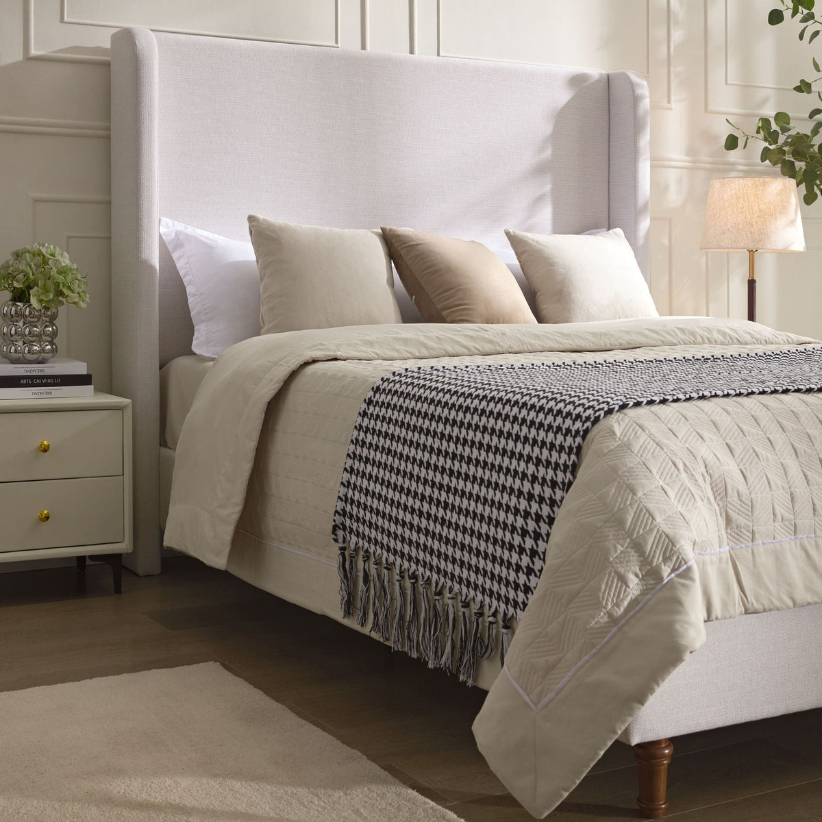 Tall Headboard Upholstered Bed with No Box Spring Needed - Cream
