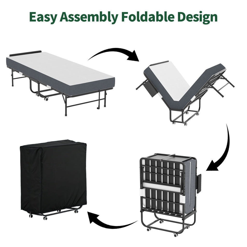 Twin Folding Bed with Adjustable Headboard & Memory Foam Mattress - Black