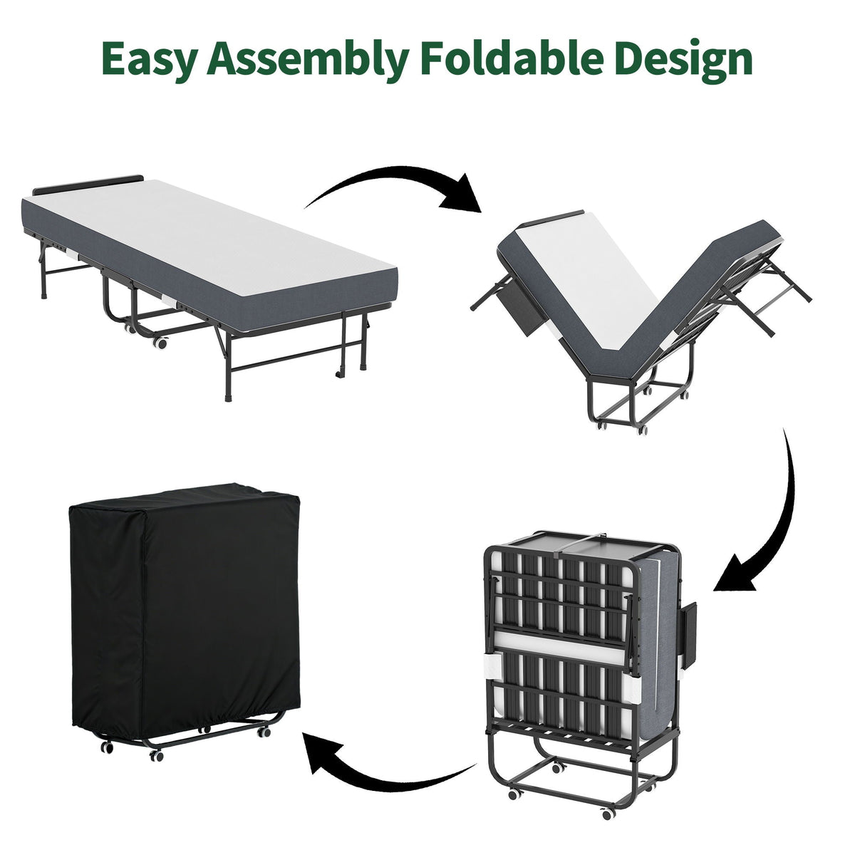 Twin Folding Bed with Adjustable Headboard & Memory Foam Mattress - Black