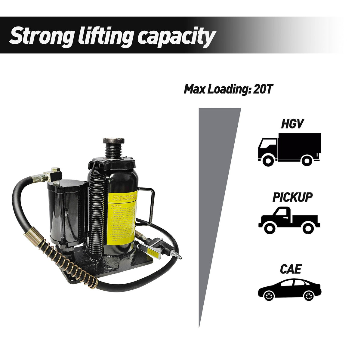 Air Hydraulic Bottle Jack with 20 Ton Capacity and Adjustable Lifting Range - Black