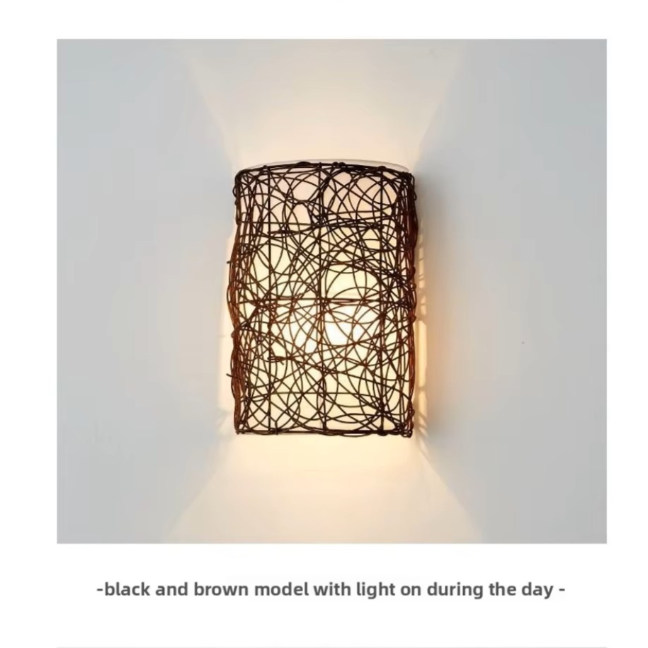 Handcrafted Natural Rattan Nest Wall Sconce | Artistic Tangled Woven Wall Light