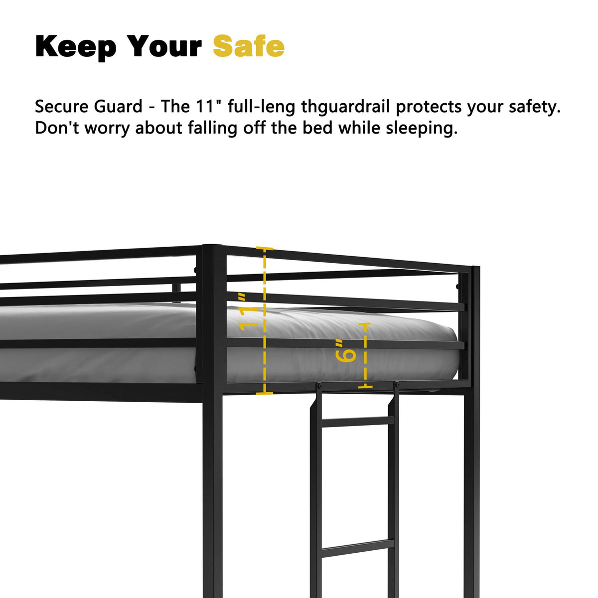 Black Twin Loft Bed with Full-Length Guardrails and Reversible Ladder