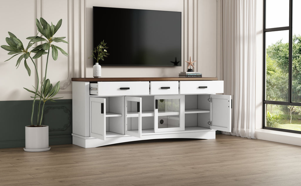 Modern TV Stand with Glass Doors and Adjustable Shelves - White