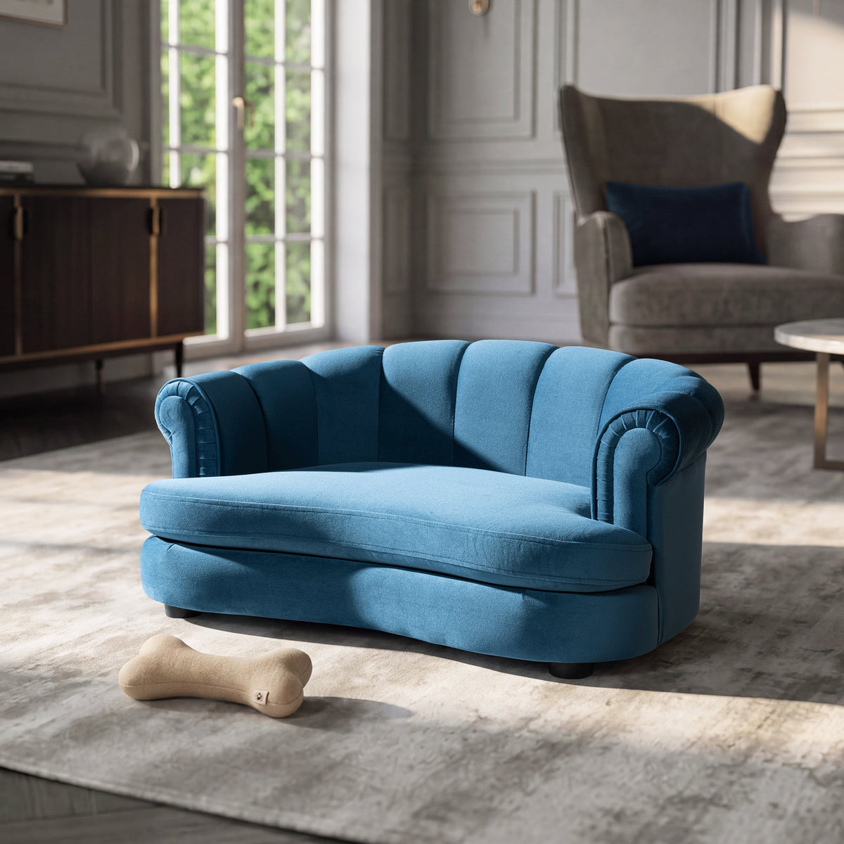 Halle 35.5" Rolled Arm Channel-Tufted Dog Sofa Bed with Velvet Upholstery - Satin