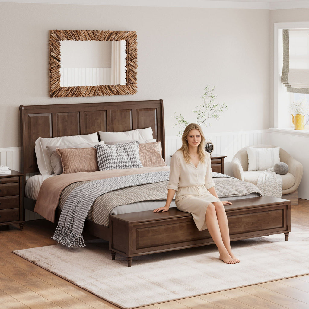 Sleigh Bed Frame with Tall Headboard and Storage Bench - Dark or Light Brown