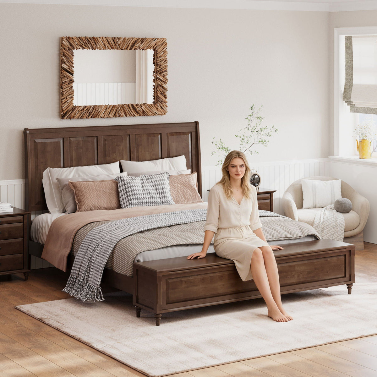 Sleigh Bed Frame with Tall Headboard and Storage Bench - Dark or Light Brown