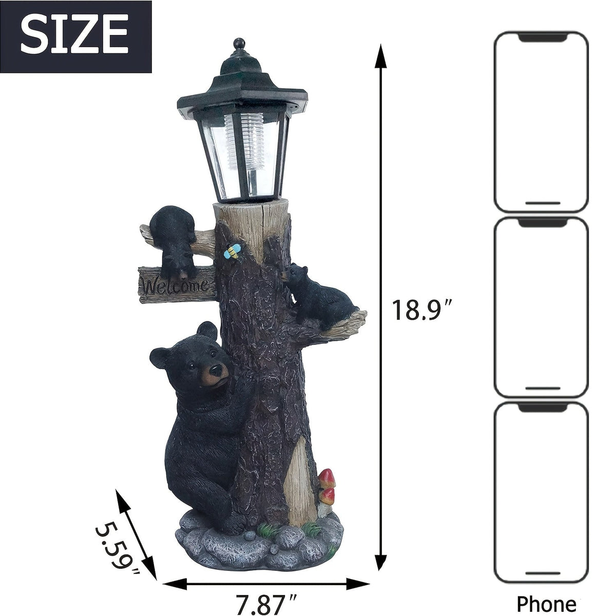 Black Bear Statue Welcome Sign with Solar Light - Black