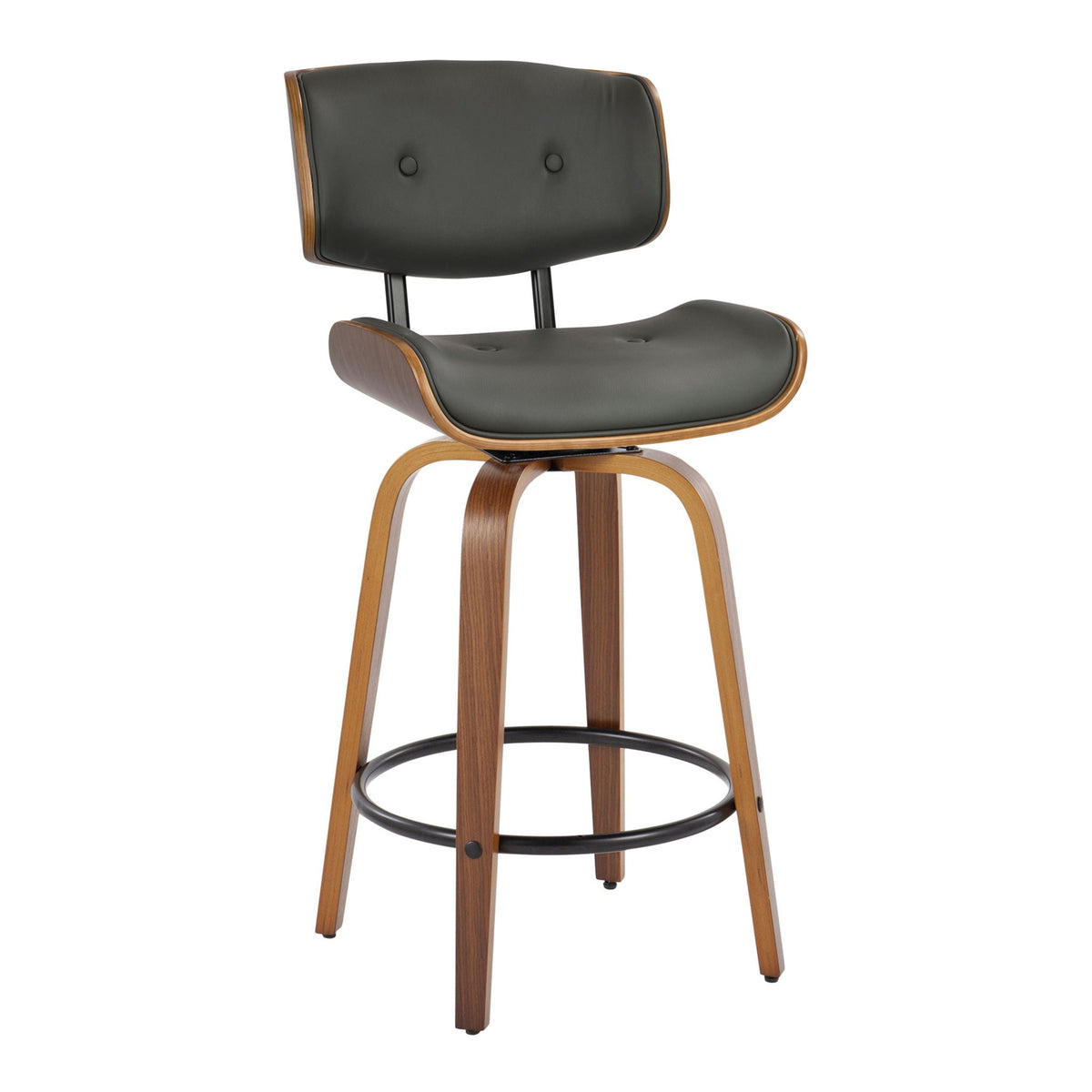Mid-Century Modern Counter Stool with Swivel & Footrest - Black, Gray, Dark Gray (Set of 2)