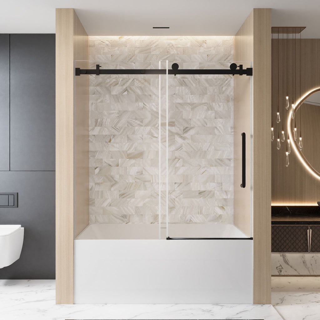 Frameless Single Sliding Shower Door with Square Tube Track - Black