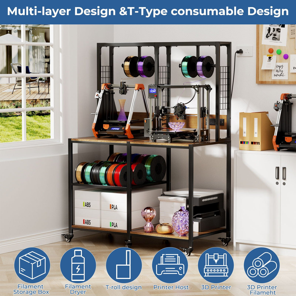 Double 3D Printer Stand with Filament Storage and Lockable Wheels - Black
