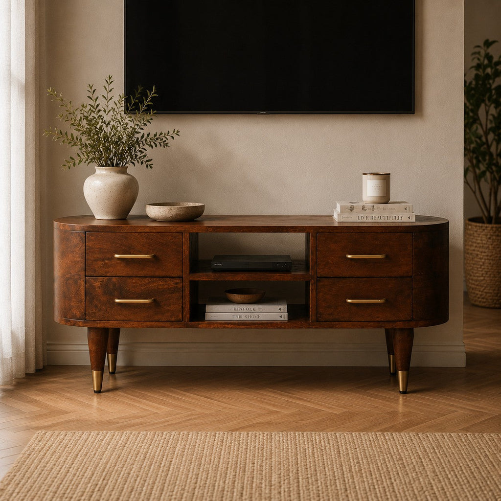 Solid Wood Valenza Curved Media Unit with Ample Storage - Chestnut