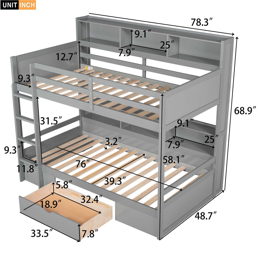 Twin Size Bunk Bed with Built-In Shelves and Storage Drawer - Dark Gray or White